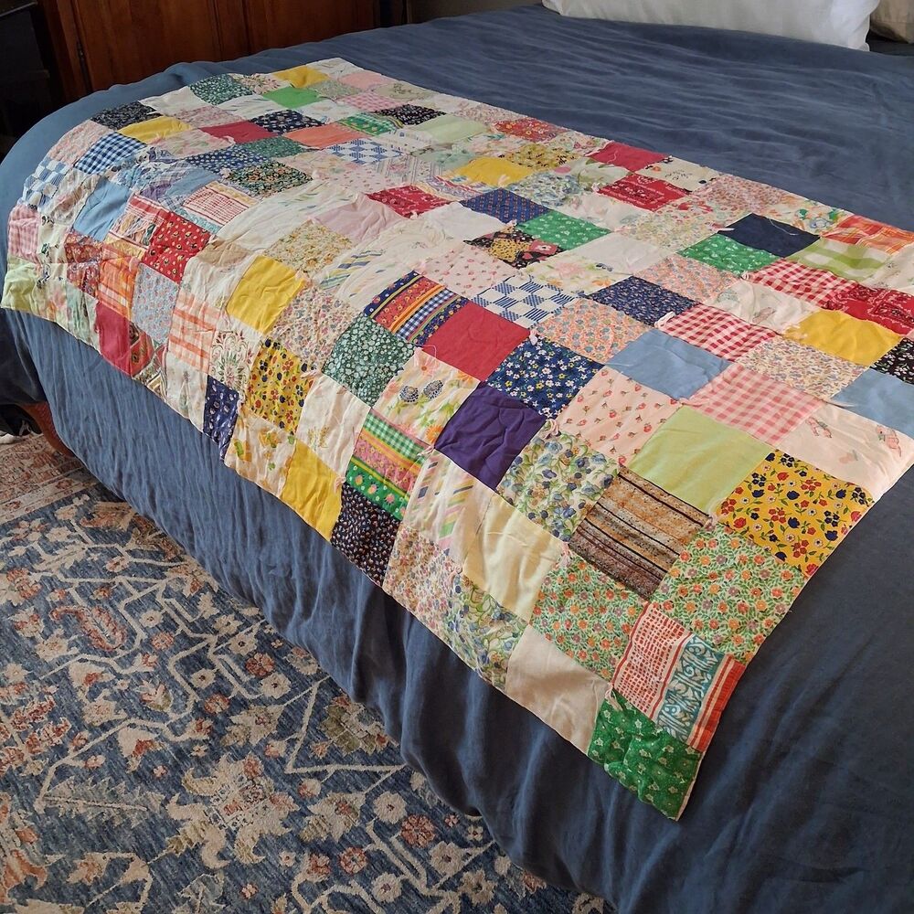 Vintage Patchwork Quilt 1960s Handmade 54x35 Mid Century Patterns Multi-Color